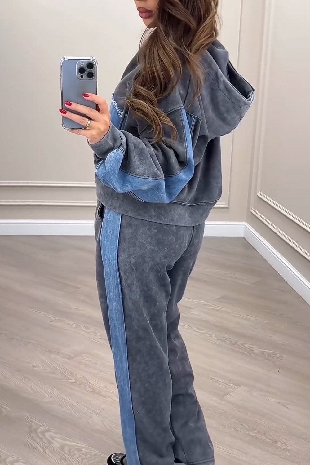 Women's Knitted Patchwork Denim Cardigan Top and Pants Two-piece Set