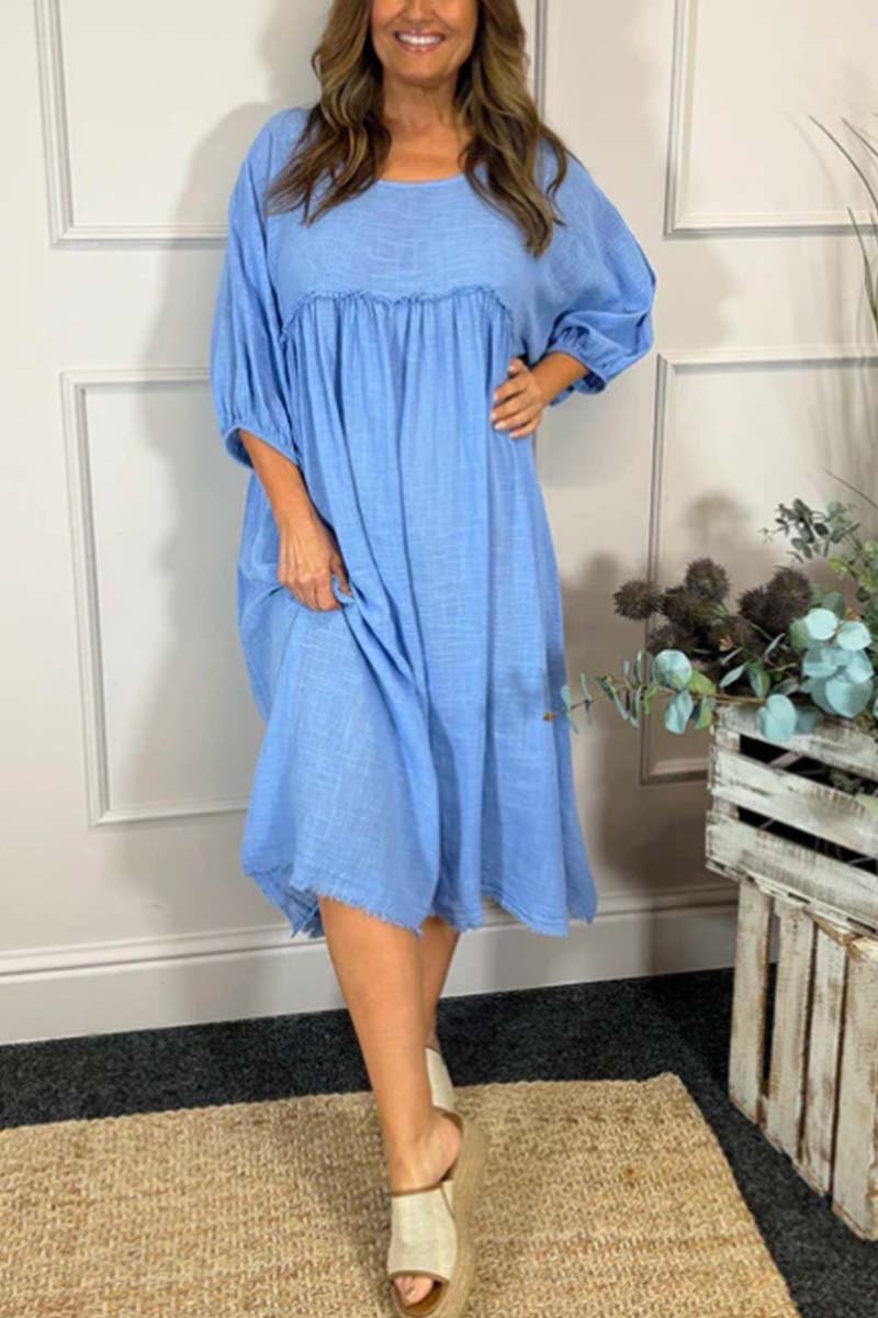 Women's casual solid color cotton and linen half-sleeved dress