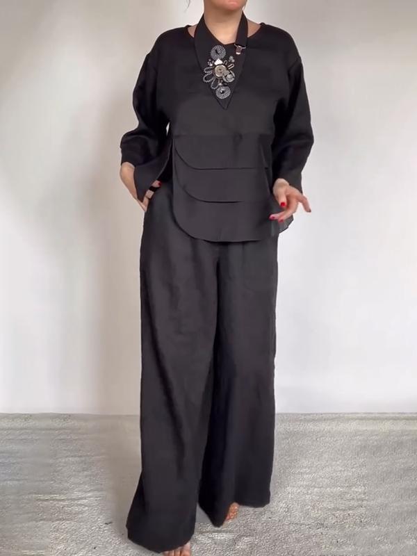 Women Plain Satin Two-pieces Set