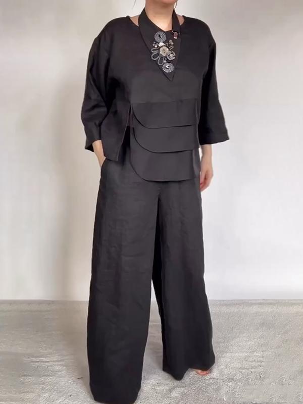 Women Plain Satin Two-pieces Set