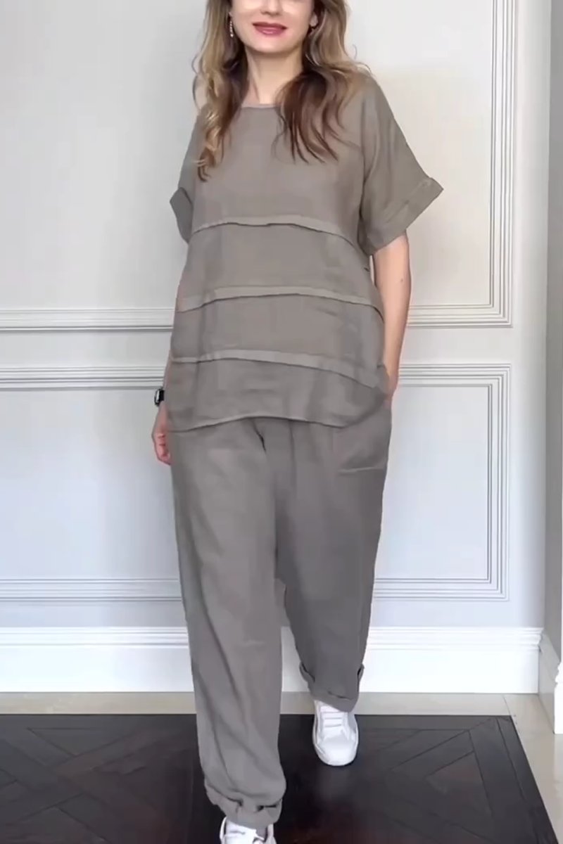 Women's casual solid color round neck cotton and linen two-piece set