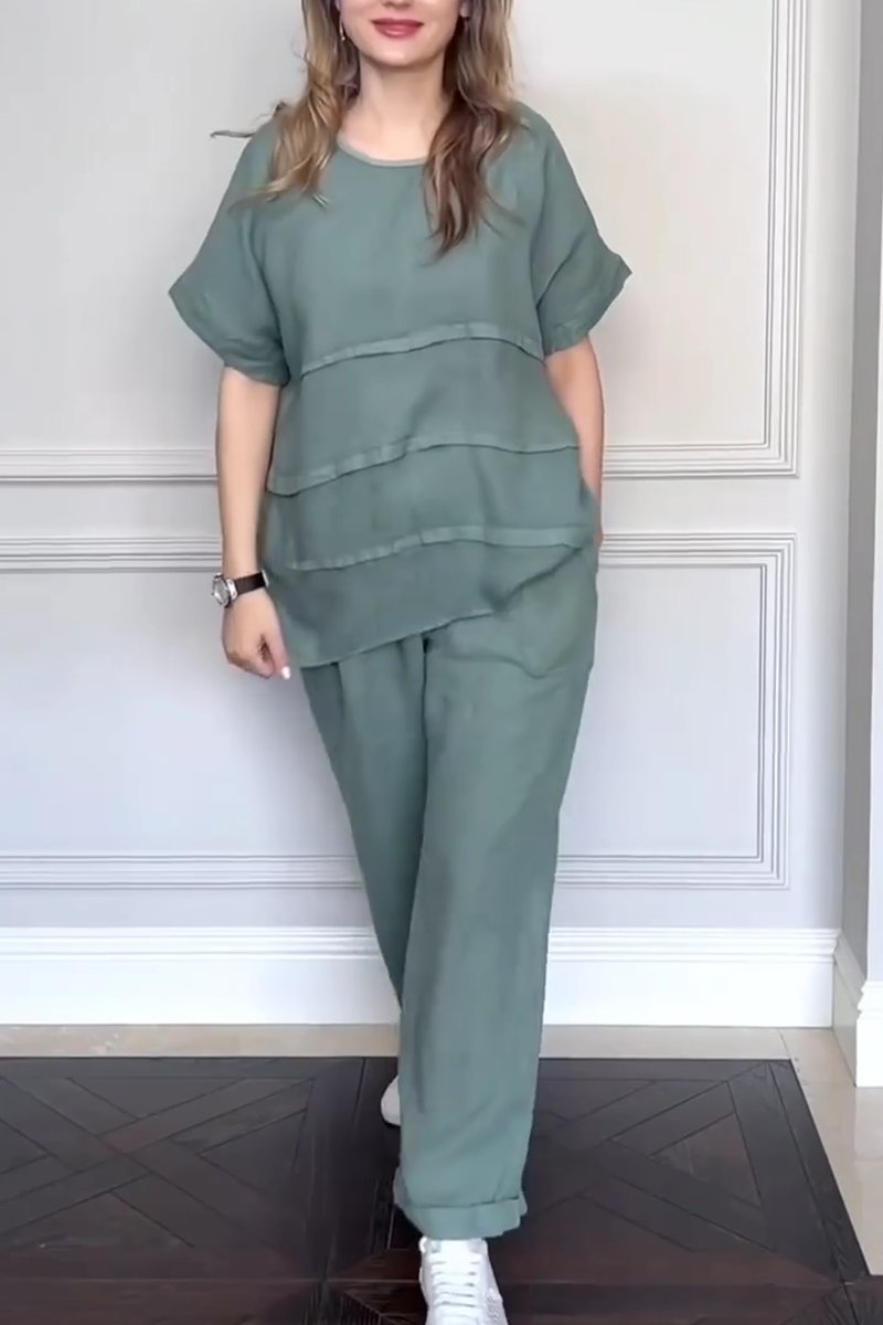 Women's casual solid color round neck cotton and linen two-piece set