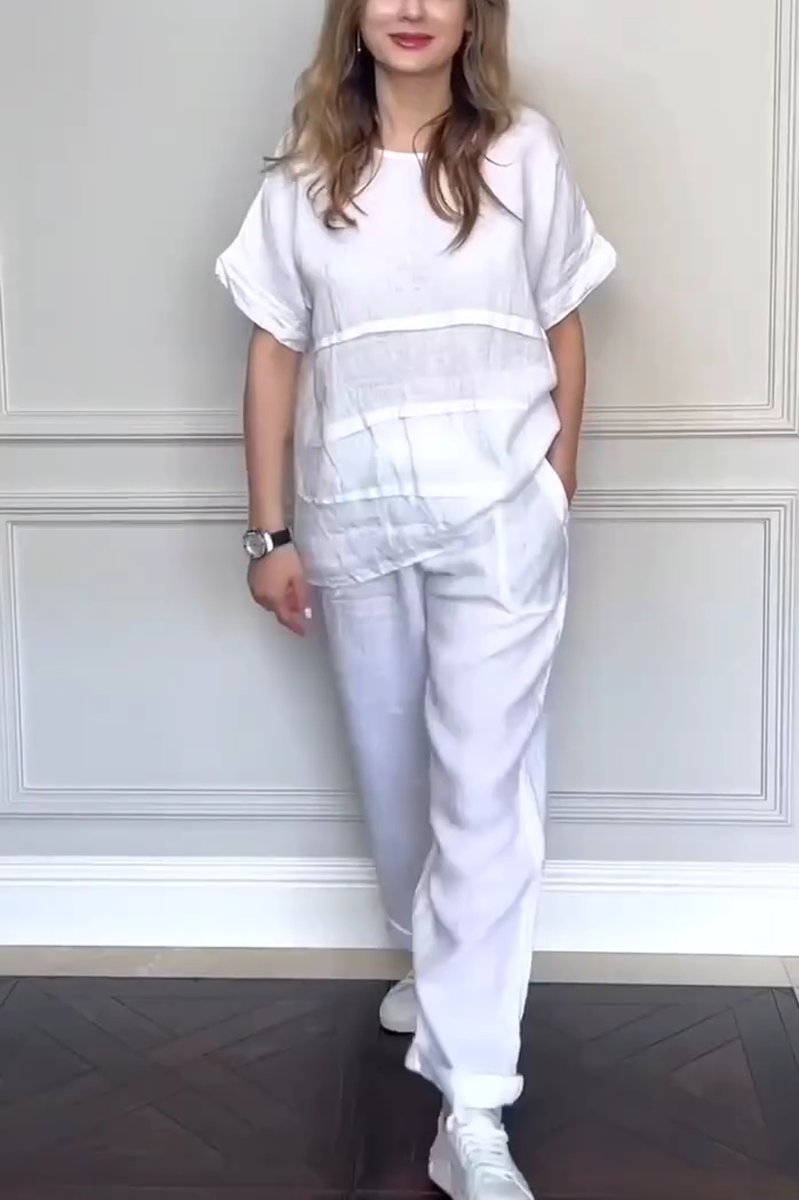 Women's casual solid color round neck cotton and linen two-piece set