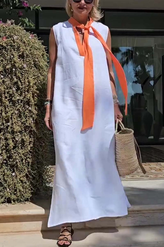 Women's casual neckline contrast sleeveless cotton and linen dress