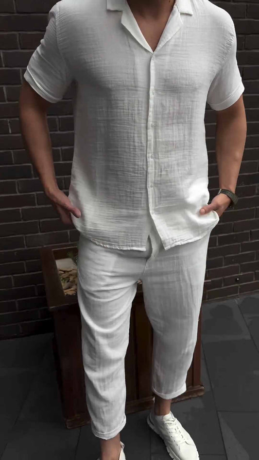 Men's Lapel Cotton and Linen Two Piece Suit