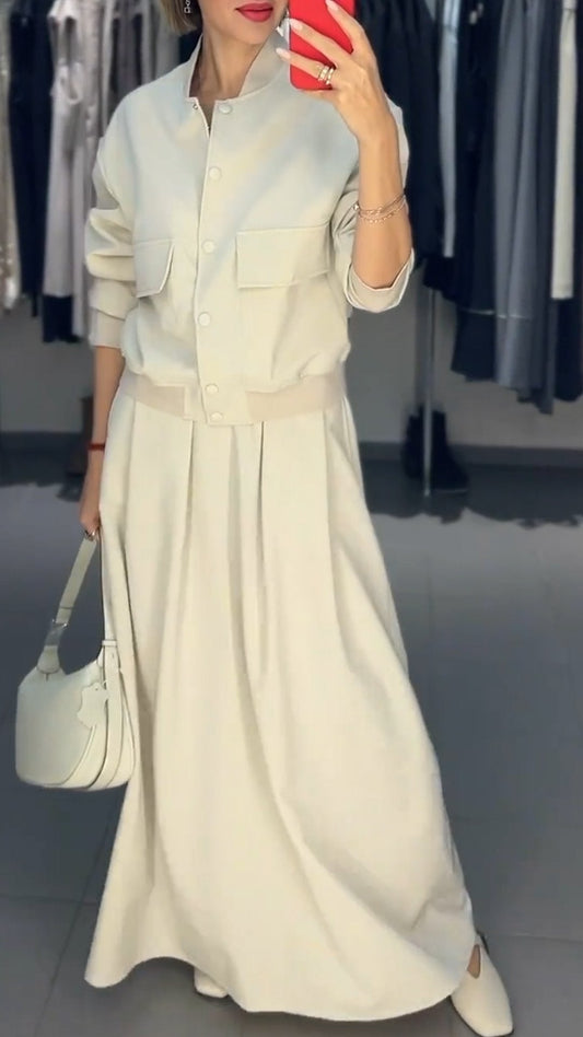 Women's Round-neck Single-breasted Solid Color Long-sleeved Two-piece Suit