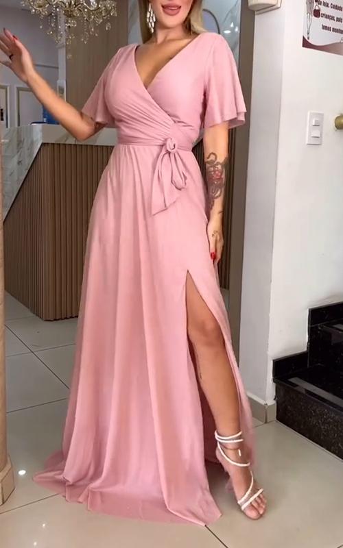 Women's V-neck Solid Color Side-opening Short-sleeved Waisted Evening Dress
