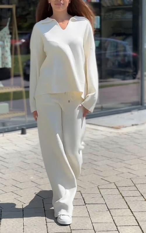 Women's V-neck Solid Color Long-sleeved Two-piece Suit