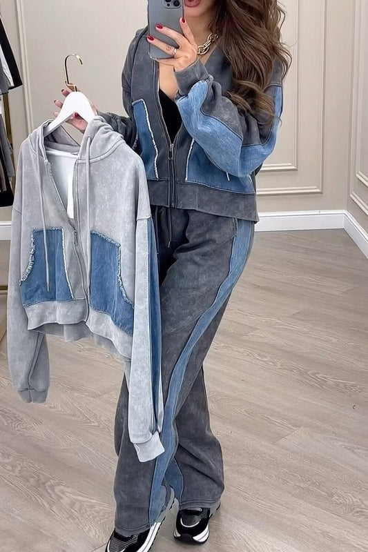 Women's Knitted Patchwork Denim Cardigan Top and Pants Two-piece Set