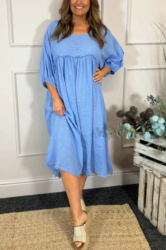 Women's casual solid color cotton and linen half-sleeved dress