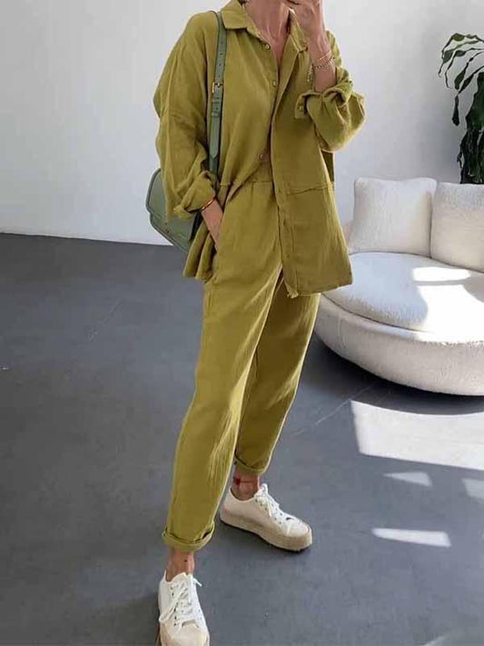 Women's Lapel Solid Color Cotton and Linen Two-piece Suit