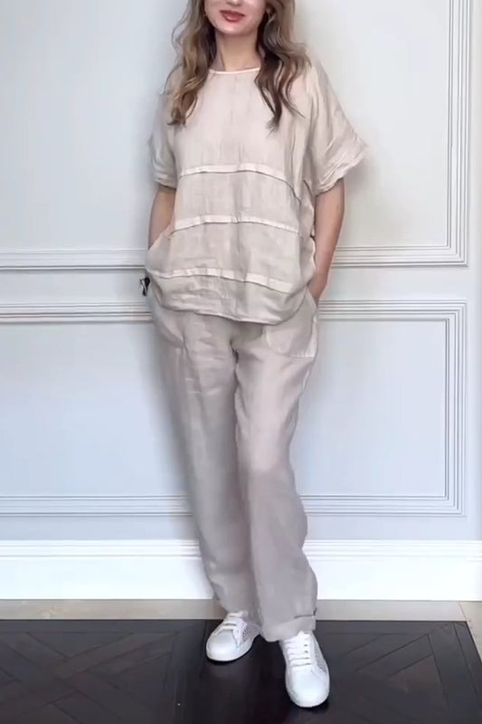 Women's casual solid color round neck cotton and linen two-piece set